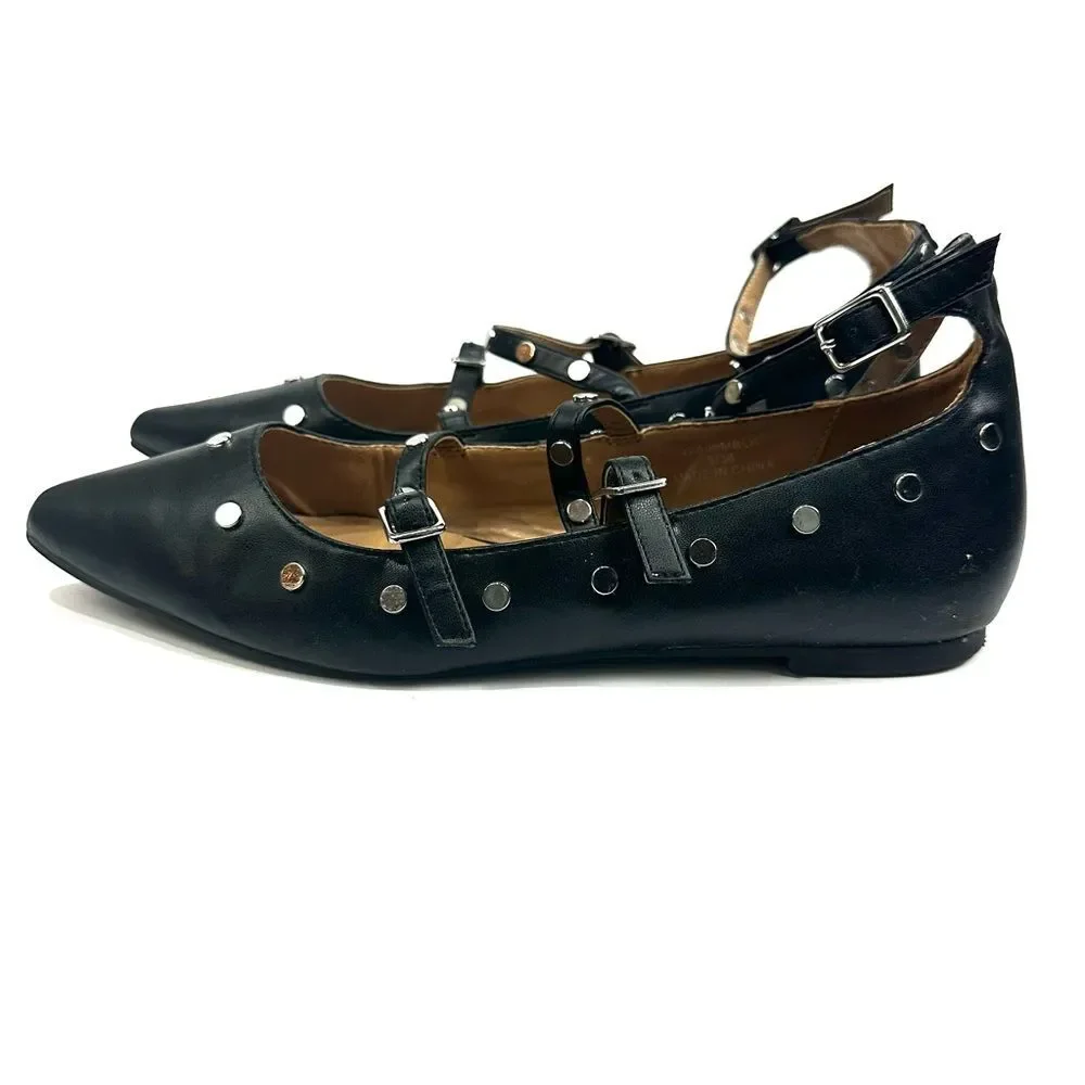 Topshop Women's Black Silver Studded Pointy Toe Strappy Flats Sz 5/38